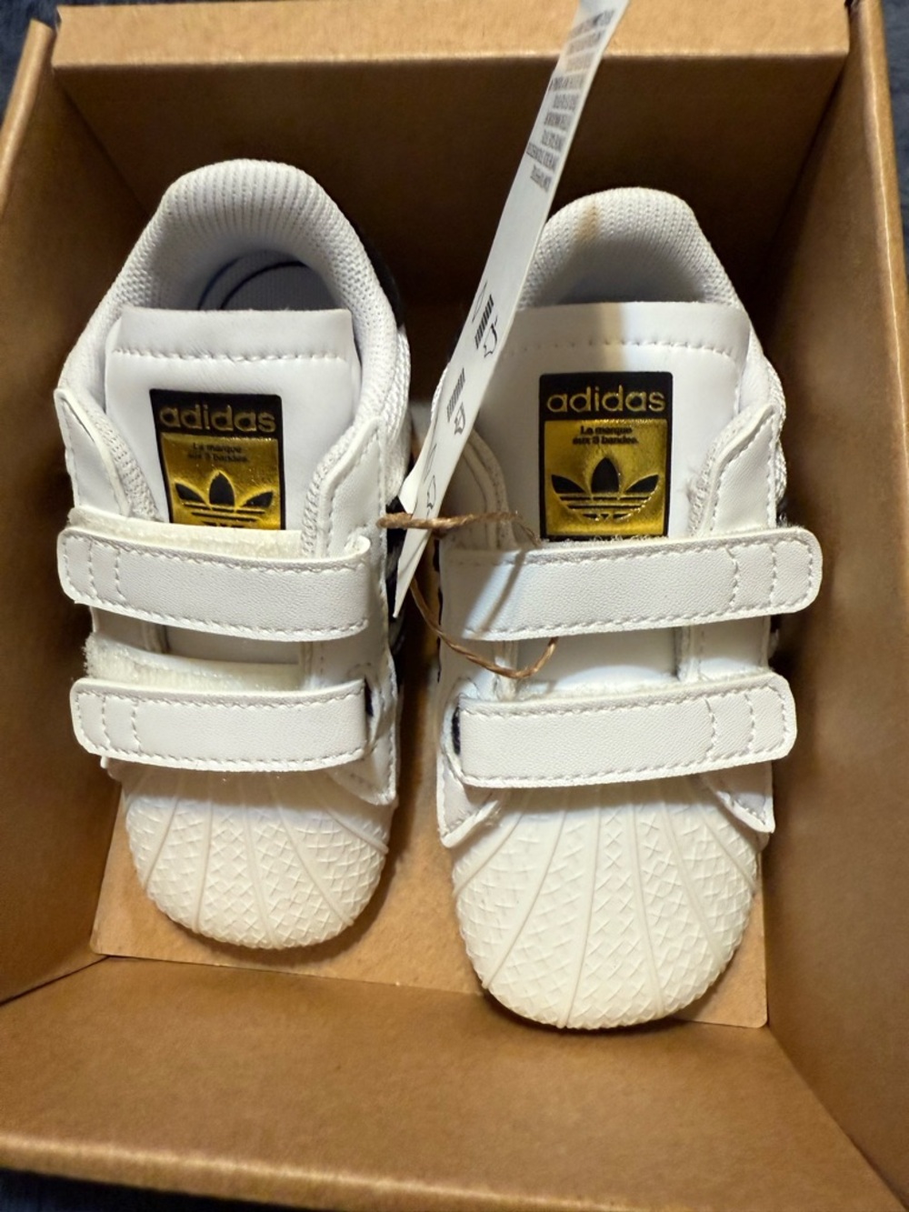adidas White Superstar Crib Shoes with Gold Trefoil Accent - Picture 2 of 6